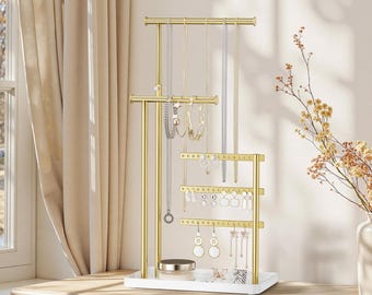 Adjustable Jewelry Organizer Stand, Tall Necklace & Earring Holder, Jewelry Display Rack, Bracelet Storage, Vanity Decor Gift