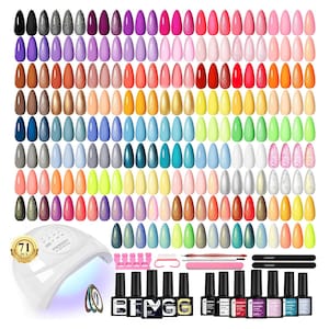 May include: A nail art kit with 71 pieces, including a UV LED nail lamp, nail polish bottles in various colours, and manicure tools. The nail polish colours range from black to pink, with glitter and solid finishes.