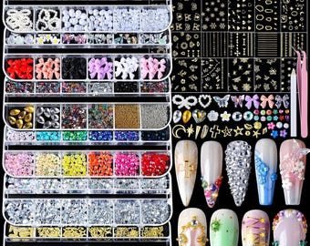 Nail Charms Nail Gems with 15 Sheets Gold Nail Stickers, 6 Boxes of Rhinestones for Nails Art Tools, 3D Nail Decals Pearls for Nails