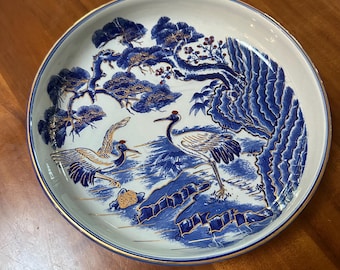 Japanese Plate Blue And White Crane Charger Large Porcelain Wall Plate Vintage Japanese Pottery Coastal Home Decor Imari Arita Style Dining