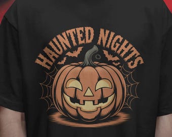 Vintage Halloween Graphic Tee: Haunted Nights Pumpkin - Comfort Colors Black Shirt