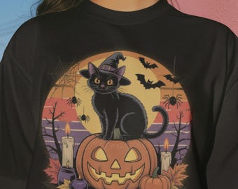 Vintage Halloween Black Cat T-Shirt: Witch Hat Pumpkin Tee