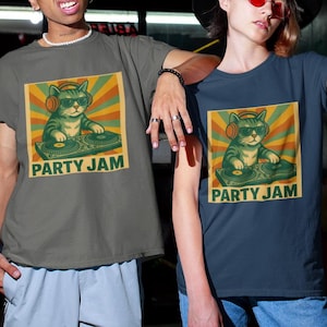 DJ Cat Party Shirt - Lustiges Retro EDM Graphic Tee für Katzenliebhaber