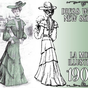 PDF Schnittmuster - Kleid mit neuem Rock - La Mode Illustree 1903 - Edwardian fashion