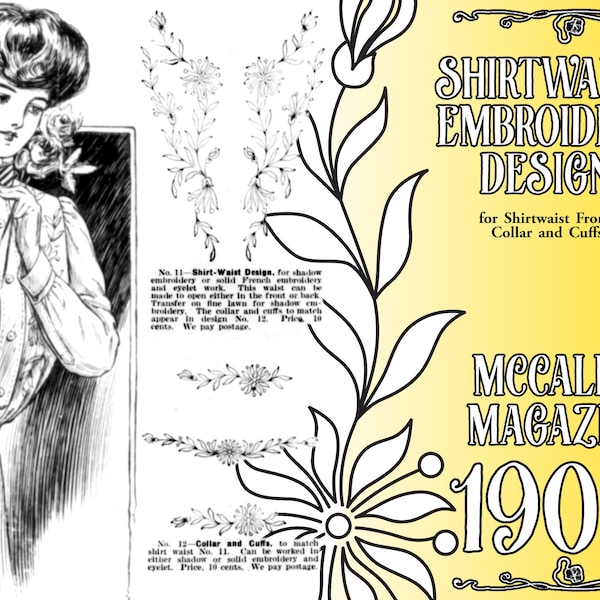 PDF Embroidery Design - Shirtwaist Front, Collar and Cuff - McCall's Magazine - 1908