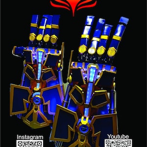 May include: Two blue and gold robotic gauntlets with detailed design. The gauntlets have a futuristic aesthetic with illuminated features. The image includes a logo and QR codes for Instagram and YouTube.