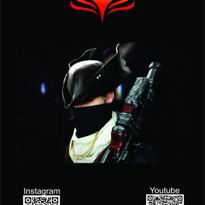 May include: A person in a black hat and face covering, holding a detailed rifle. The image has a dark background with a gold chain and white scarf. The top of the image has a red and orange logo. Instagram and Youtube QR codes are at the bottom.