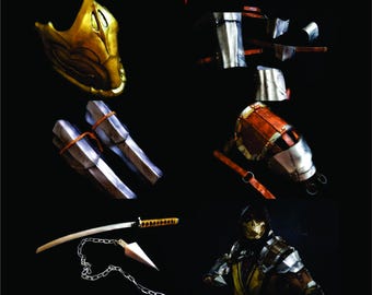 May include: A collection of cosplay items, including a gold mask, metal armor pieces, and a katana with a chain and kunai. The image also features a logo and QR codes for Instagram and YouTube.