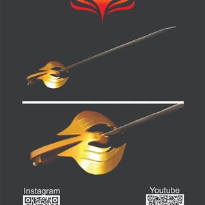May include: Two images of a golden-colored decorative object with a long, thin, dark rod extending from a stylized, leaf-shaped base. The background is dark gray. The top of the image features a logo with a phoenix design.