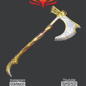May include: A detailed, gold and silver axe with a curved blade and intricate designs. The handle is brown with gold accents. The image includes a logo and QR codes for Instagram and YouTube.