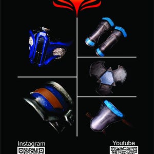 May include: A black background showcasing cosplay items. The image includes a blue and silver mask, two black and blue wrist guards, a three-bladed weapon, and a hammer. Instagram and YouTube QR codes are also present.