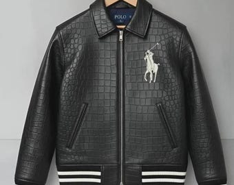 Men's Black Croc Embossed Leather Varsity Jacket – Polo Streetwear Coat
