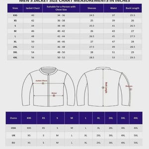 May include: A jacket size chart with measurements in inches, featuring a table for sizes XXS to 4XL including chest, sleeve, waist, and back length. Below, a line drawing of a jacket shows measurement points A, B, D, and F, with a conversion table.