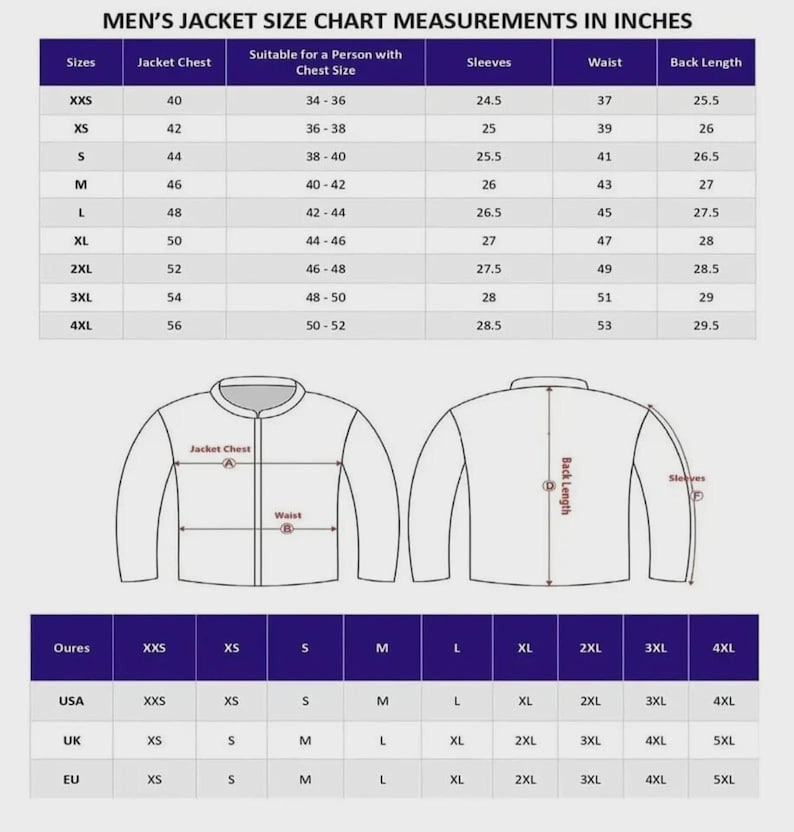 May include: A jacket size chart with measurements in inches, featuring a table for sizes XXS to 4XL including chest, sleeve, waist, and back length. Below, a line drawing of a jacket shows measurement points A, B, D, and F, with a conversion table.