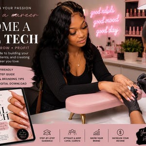 Könnte beinhalten: Bild zur Förderung einer Karriere als Nageltechnikerin. Der Text lautet „WERDE NAGELTECHNIKERIN“ mit zusätzlichem Text über Lernen, Wachsen und Profitieren. Eine Frau wird gezeigt, wie sie an den Nägeln einer Kundin arbeitet. Das Bild enthält ein Tablet.