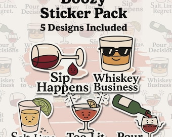 Boozy Sticker Pack – 5 Funny Alcohol Puns | 21st Birthday | Party Favors | Mini Vinyl Decals (2") for Laptops, Water Bottles, Gifts