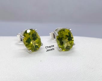 Handmade Peridot Stud Earrings, 925 Sterling Silver, Oval 6x8mm
