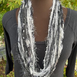 Handmade Boho Slip On Fiber Scarf Necklace Classic Black and White Silver Faux Fur Statement Accessory