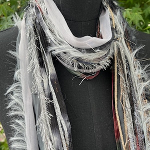 Handmade Boho Fiber Tassel Scarf Belt Faux Fur Silver Metallic Ribbon Long and Skinny Scarf Evening Holiday Women's Statement Accessory