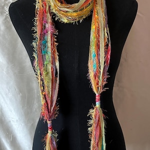 Handmade Long Skinny Rainbow Scarf for Women Rainbow Tassel Scarf Belt Multicolor Skinny Scarf Boho Festival Fiber Art Statement Accessory