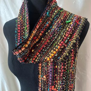 Handwoven Bohemian Rayon Scarf - Lightweight Black & Rainbow Boucle Wrap All Season Statement Accessory for Her 6.5" by 60"