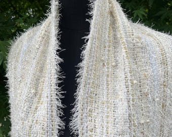Handwoven Ecru and White Pearl Shawl Bridal Wrap Soft Textured Long Fuzzy Shoulder Cover Elegant Gift for Her Cozy Evening Layering Shawl
