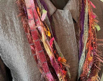 Handmade Slip On Boho Fiber Yarn Necklace Scarf in Rich Brown, Copper, Rust, and Maroon