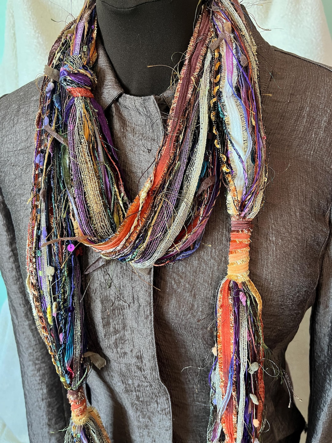 Wearable Ribbon Scarf Belt Boho Tassel 89in Long Skinny Wearable Fiber Art Metallic ...