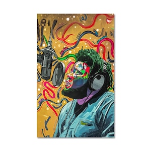May include: Vibrant pop art style illustration of a person wearing headphones and singing into a microphone. The artwork features a colorful background with swirling lines and dots. The person's face is painted with bright colors.