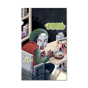 Puede incluir: Ilustración de una figura enmascarada con chaleco rojo y sudadera con capucha verde, sentada a una mesa. La imagen presenta el texto "MF DOOM" en letras verdes estilo grafiti y "M. FOOD" en la silla. Un cuenco de cereales y una caja de crema están sobre la mesa.