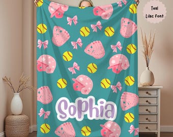 Personalized Softball Blanket, Custom name baby blanket, Softball gifts for girls, Birthday or Christmas gift for softball player, team gift