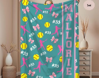 Personalized Softball Blanket, Custom name baby blanket, Softball gifts for girls, Birthday or Christmas gift for softball player, team gift