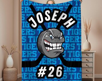 Personalized Hockey Blanket, Custom name baby blanket, Hockey gifts for boys, Birthday or Christmas gift for Hockey player Hockey Coach Gift