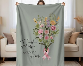 Cancer Throw Blanket Faith Over Fear, Healing Blanket for Chemotherapy Patient, Breast Cancer Gifts, Chemo Gift, Bible Verse Blanket