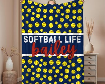 Personalized Softball Blanket, Custom name baby blanket, Softball gifts for girls, Birthday or Christmas gift for softball player, team gift