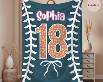 Personalized Softball Blanket, Custom name baby blanket, Softball gifts for girls, Birthday or Christmas gift for softball player, team gift