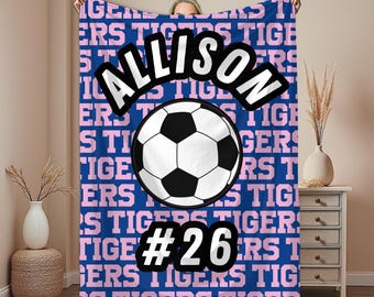 Personalized Soccer Blanket, Custom name baby blanket, Soccer gifts for girls, Birthday or Christmas gift for soccer player, Team name gift