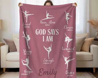 Personalized Christian Ballerina Blanket, Dance Recital Gift for Daughter, Custom Name Dance Blanket, God Says I am Ballet Blanket for Girls