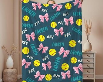 Personalized Softball Blanket, Custom name baby blanket, Softball gifts for girls, Birthday or Christmas gift for softball player