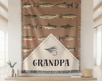 Fishing Grandpa Blanket Gift, Personalized Woven Throw for Papa, Fathers Day Gift from Grandkids, Custom Name Grandpa Blanket, Trout Fish