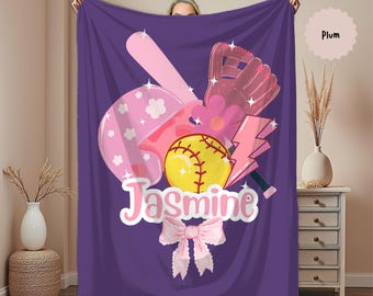 Personalized Softball Blanket, Custom name baby blanket, Softball gifts for girls, Birthday or Christmas gift for softball player, team gift