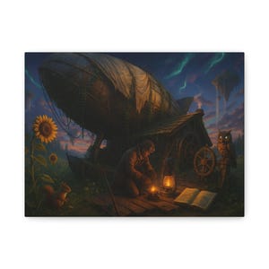 Dromerige luchtschip canvaskunst, fantasie muur decor, grillig huisdecor, cadeau voor steampunk-liefhebbers, op de natuur geïnspireerde canvasafdruk
