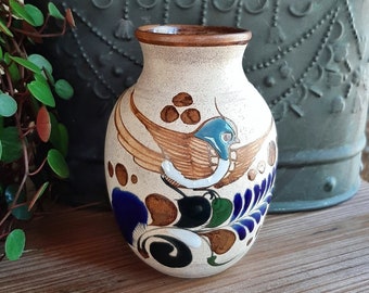 Vintage Mexikanische Tonala Keramik Vase mit Vogel. Unterzeichnet. Sandstein, BraunBlau.