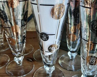 Vintage Libbey Old Coin Tom Collins Black and Gold Drinking Glasses