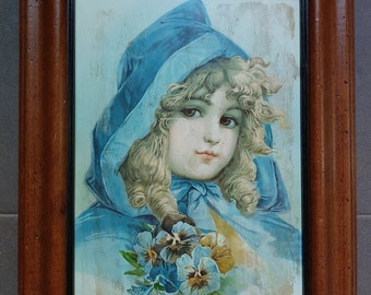 Vintage Girl in Blue Hooded Cloak Framed Print. Frances Brundage. Large Antique Victorian Art Print in Wood Picture Frame. Pansy Flowers.