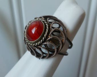 Dome Ring. Sterling Silver Filigree & Carnelian Stone. Vintage 1960s 1970s. Adjustable Size. Made in Israel, 925 Silver. Boho Ethnic Ring.