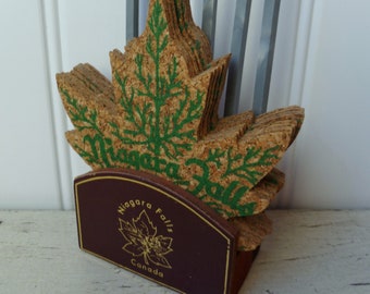 Vintage Niagara Falls Souvenir. Cork Coasters & Swizzle Stick Set in Stand. Flocked Maple Leaf. Made in Canada. 1950s 1960s. Mid Century.