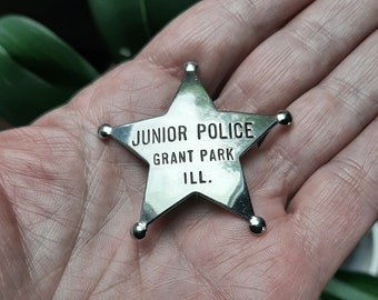 Vintage Junior Police Badge. Grant Park, IL Souvenir. Silver Metal 5 Point Star, Ball Tipped.