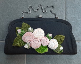 Vintage Black Clutch Purse Handbag with Chain Handle. Pink Velvet Flowers. Rhinestone Clasp. 1950s 1960s. Evening Bag. Wedding Bridal Purse.