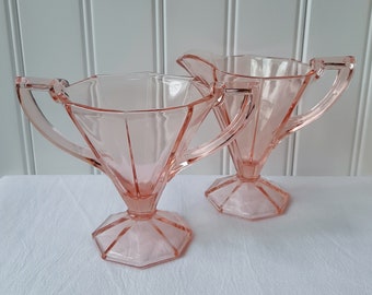 Vintage Pink Glass Sugar & Creamer Set. Art Deco. Footed Depression Glass Sugar Bowl and Cream Pitcher.